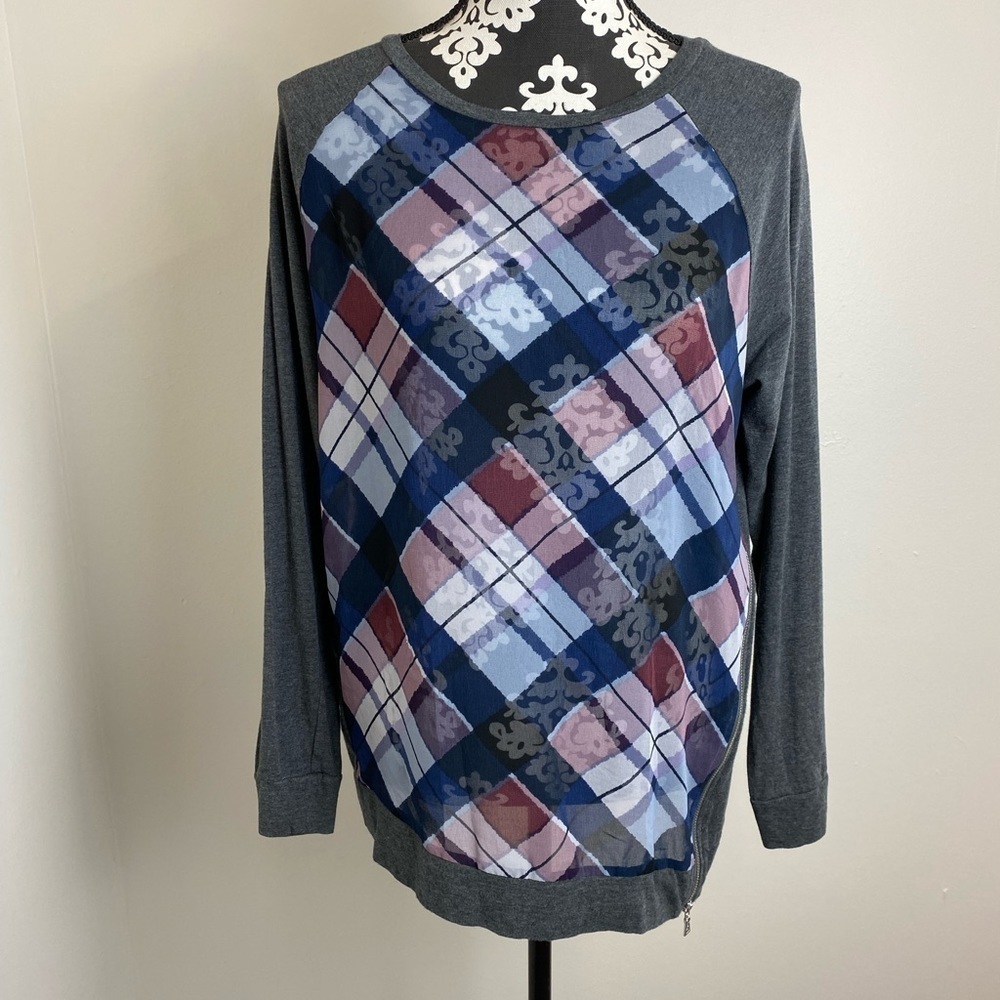 Two by Vince Camuto Semi Sheer Plaid Front Top